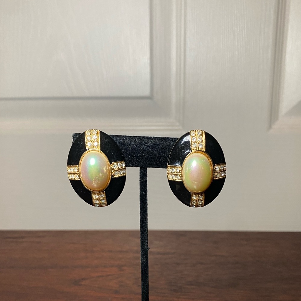 Vintage Faux Pearl & Black Enamel Statement Earrings